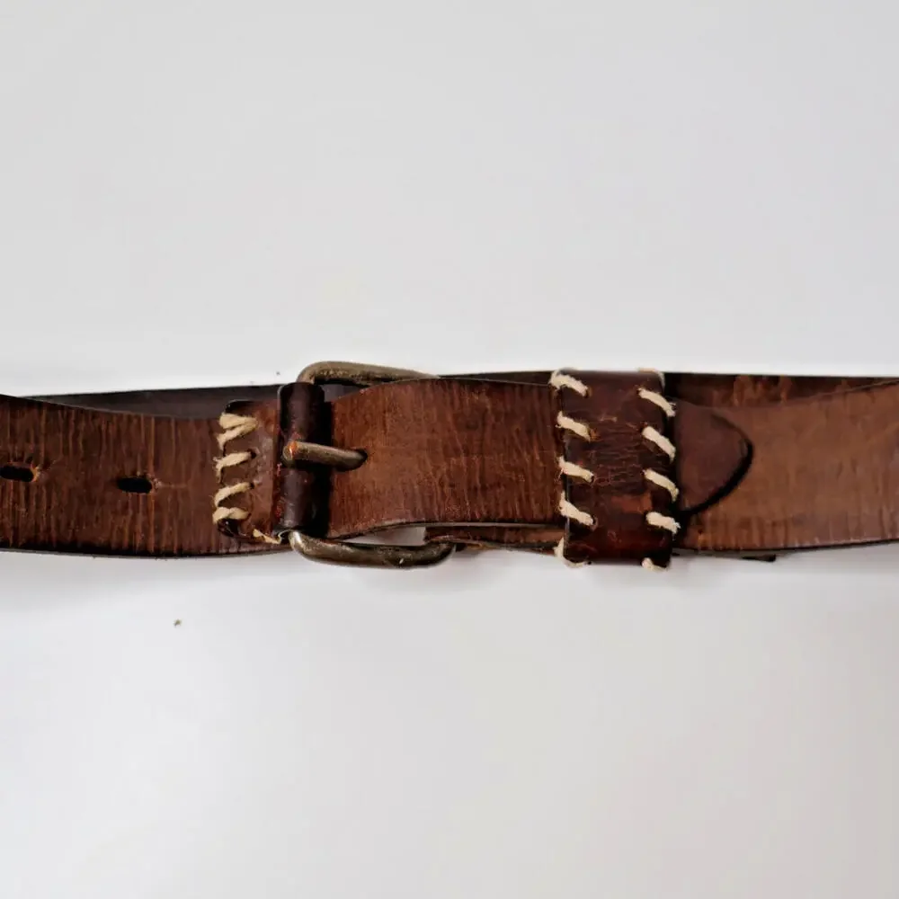 Genuine Saddle Leather Brown Belt Made in Holland Mens 32 Stitched Retro Western